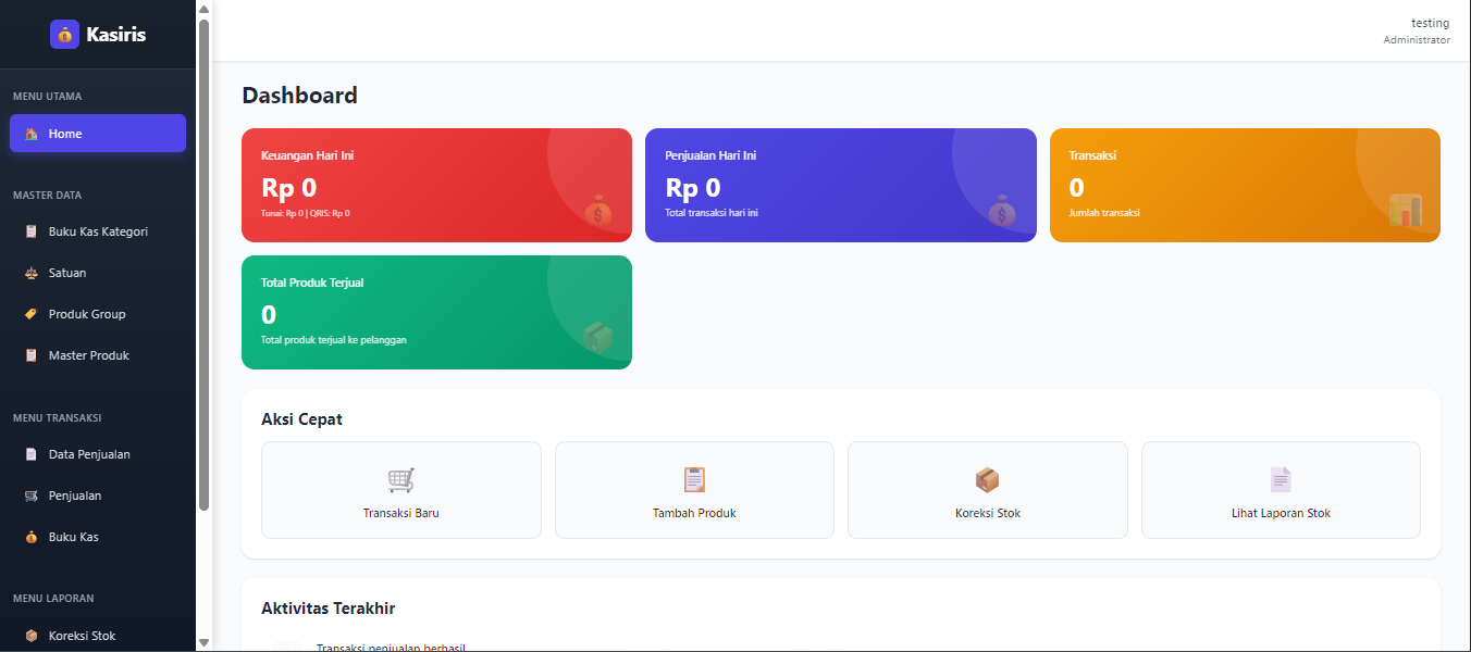 Dashboard Kasiris – ringkasan penjualan, piutang, kas, dan stok hari ini