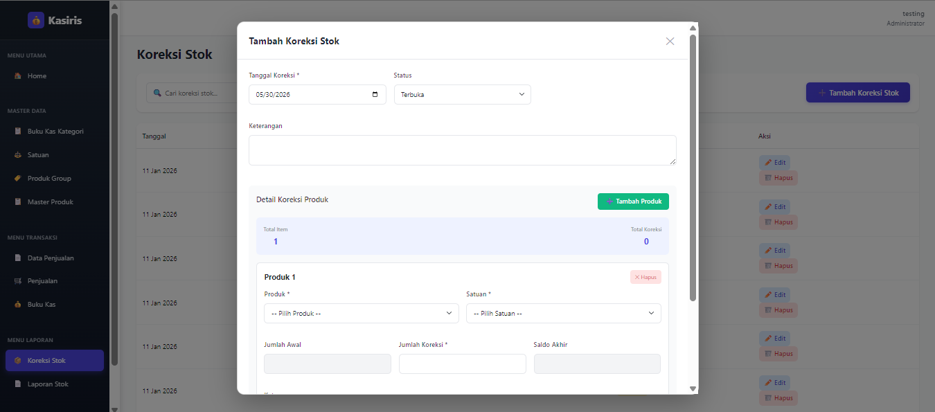 Koreksi Stok – form koreksi stok dengan pilihan alasan koreksi