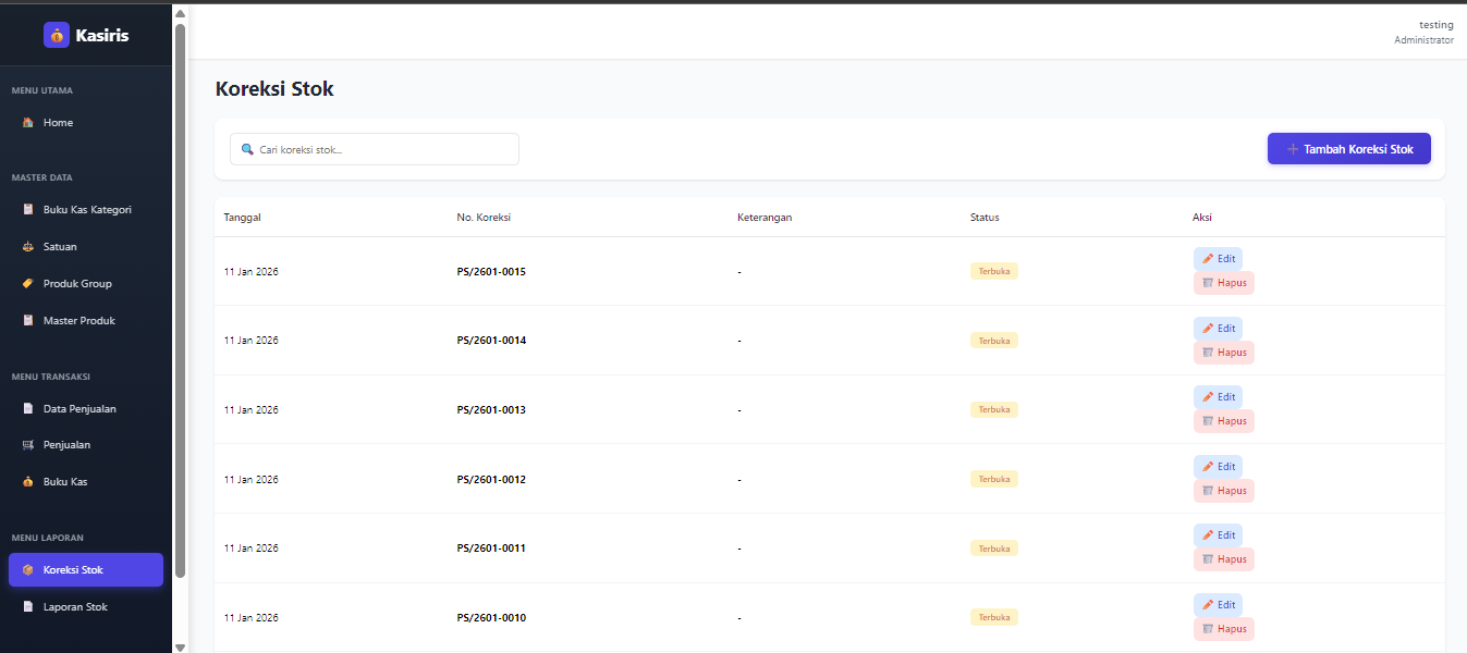 Koreksi Stok – daftar koreksi stok dan alasan koreksi