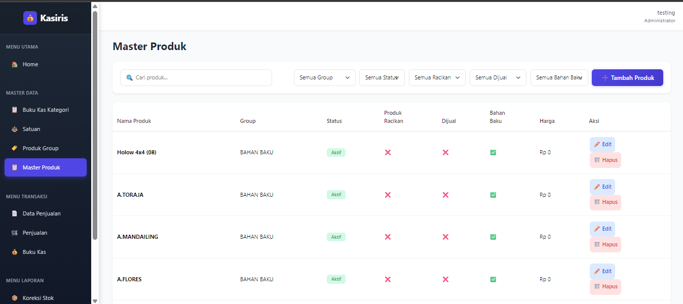 Master Produk – daftar barang dengan kode, nama, satuan, dan harga jual